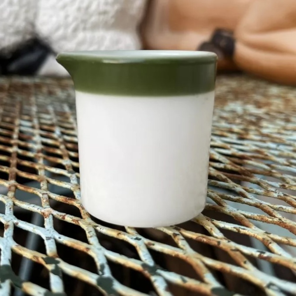 Pyrex Corning 1oz Restaurant Creamer Regency Green Stripe Glassblower Vintage